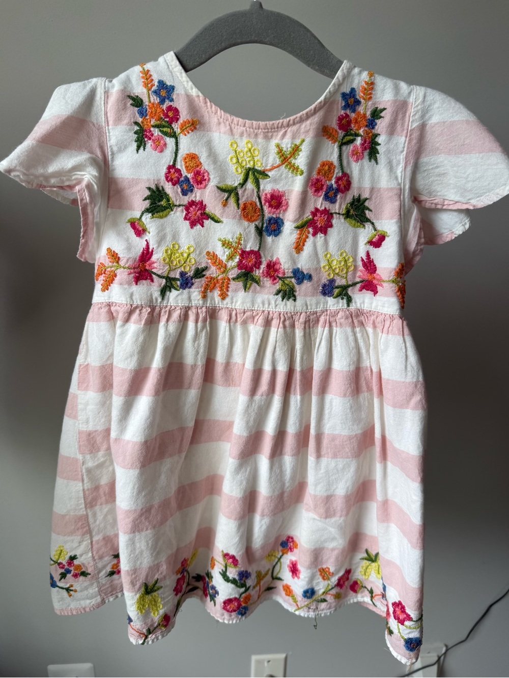 Zara Pink & White Striped Dress with Multicolor Floral Embroidery